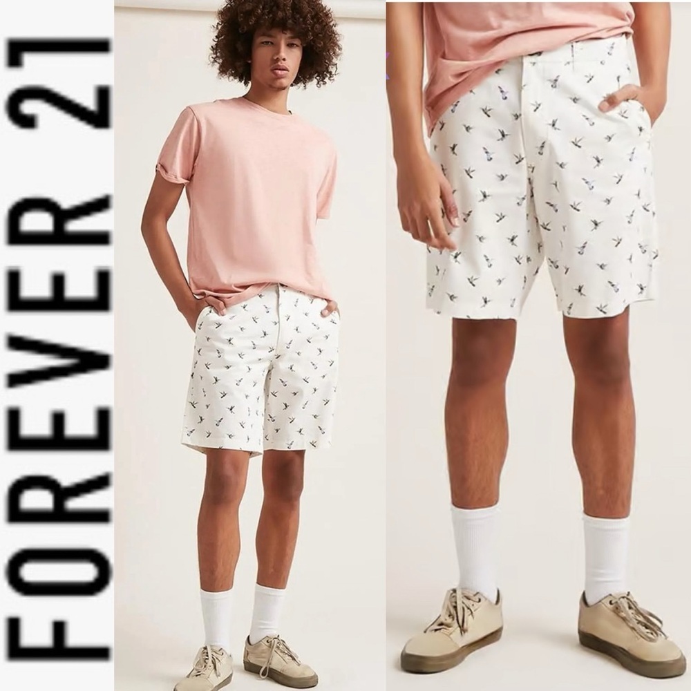 NEW Forever 21 Men’s Botanical Floral Hummingbird Off White Shorts 31